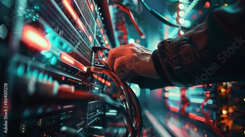 A close-up shot of a technician working on a server rack in a modern data center. The technicians hand is visible, connecting a cable to the rack photo