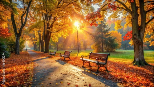 Peaceful autumn scenery in the park with colorful leaves, benches, and soft sunlight , fall, foliage, trees, park, nature