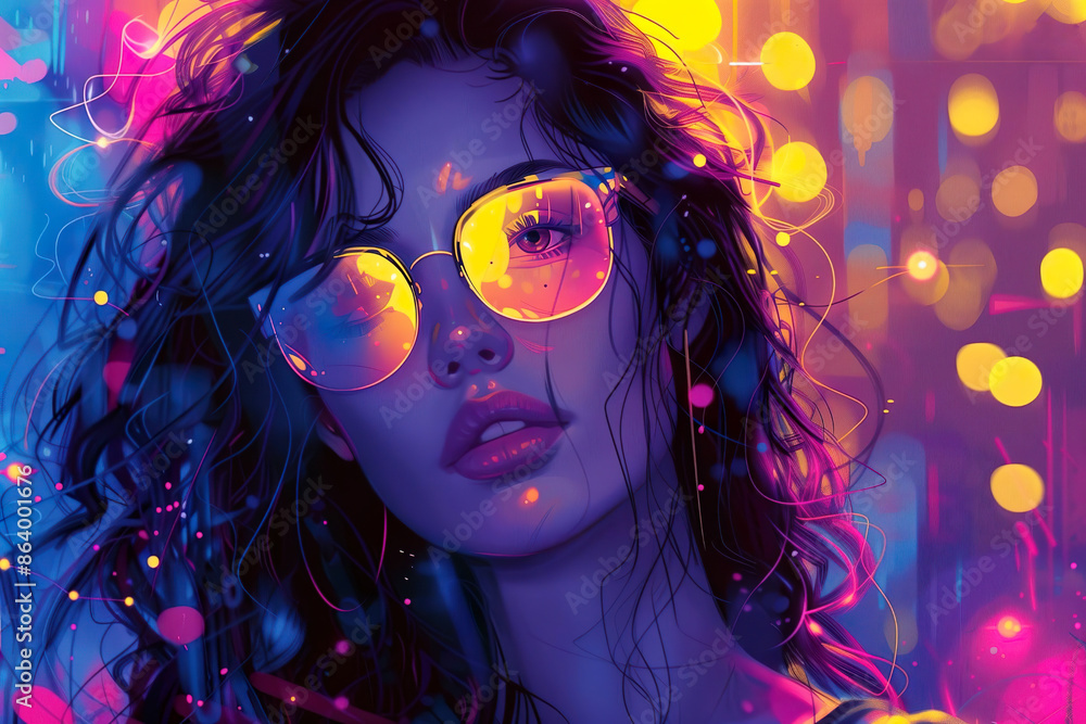 Fototapeta premium Neon Dreams: Vibrant Portrait of a Woman in glasses. Portrait of a glamour woman in neon lights. Generative AI