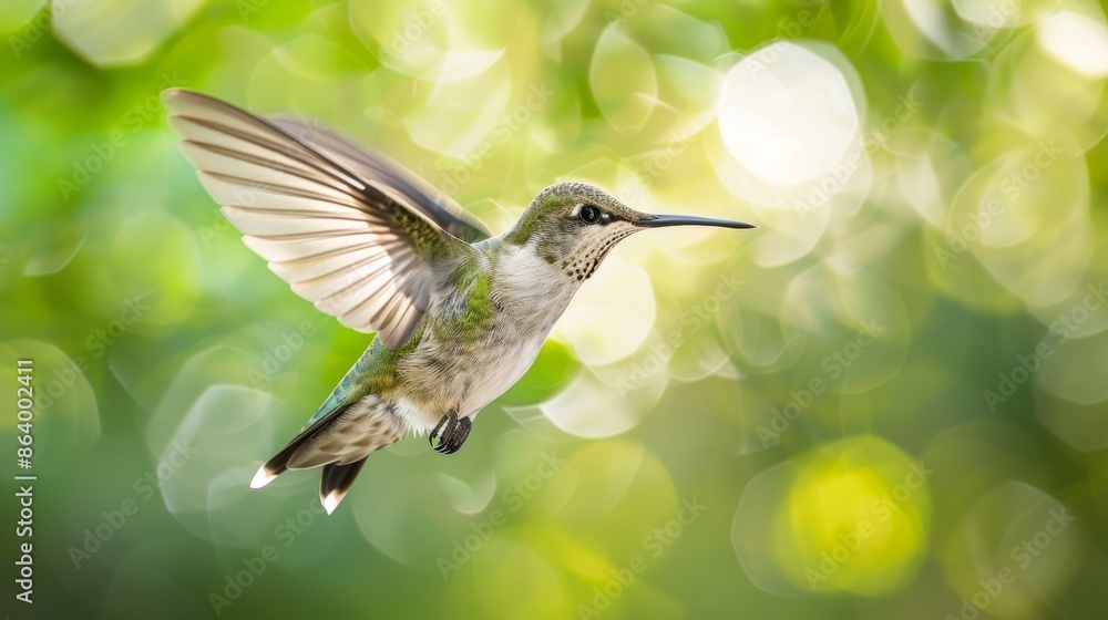 A sharp, detailed photograph of a hummingbird in mid-flight against a background of blurred green foliage. The wings are spread wide, showcasing the birds intricate feathers A sharp, detailed photograph of a hummingbird in mid-flight against a background of blurred green foliage. The wings are spread wide, showcasing the birds intricate feathers
