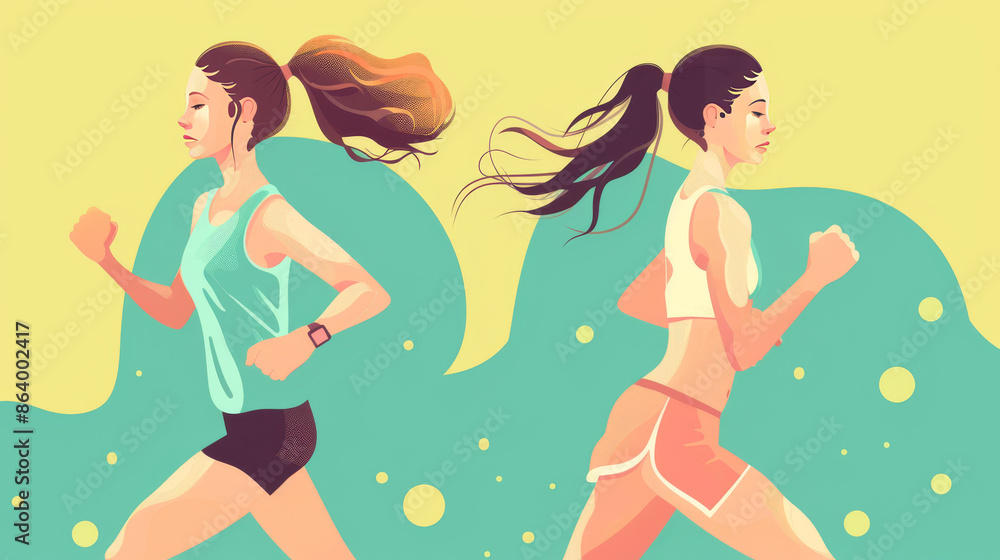 Before & after a run, a beautiful girl sweats. Illustration in flat Vector style Before & after a run, a beautiful girl sweats. Illustration in flat Vector style