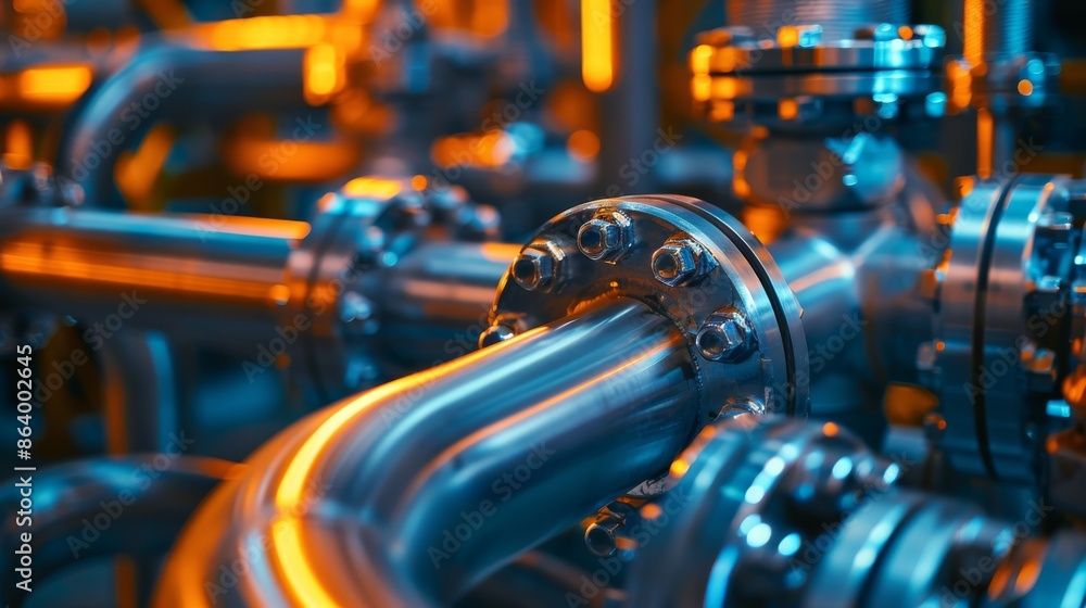 Fototapeta premium Detailed image of a pipeline junction in a chemical plant, showcasing precision engineering and intricate connections of industrial infrastructure