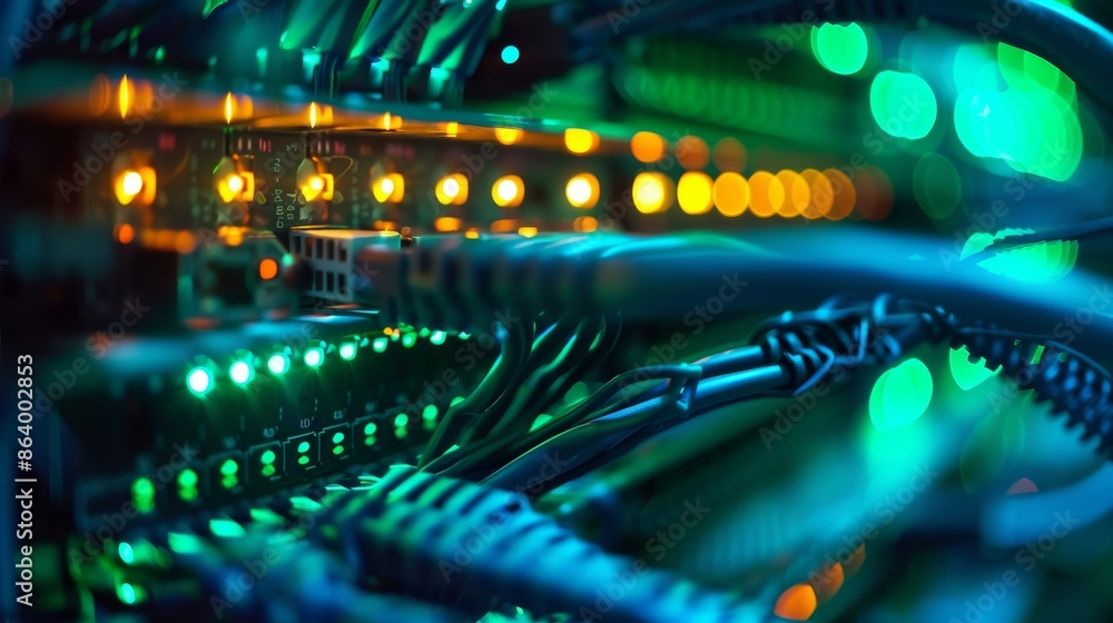 A dynamic close-up photo of a modern edge computing server rack, highlighting the complex network of cables and connections A dynamic close-up photo of a modern edge computing server rack, highlighting the complex network of cables and connections