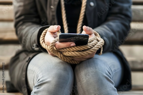 A woman is sitting on a bench with her hands tied behind her back