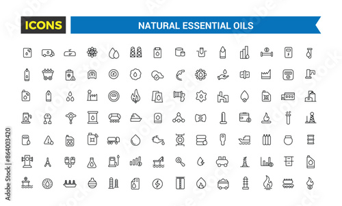 Natural Essential oils icons collection. Outline icons pack. Editable vector icon set and illustration for web and UI.