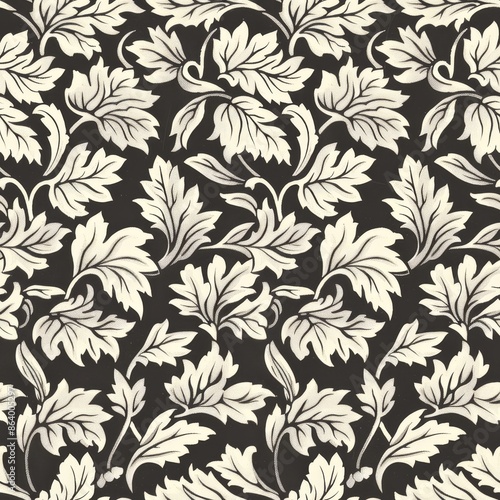 Seamless pattern with leaves and curls. Monochrome abstract floral background. Stylish black and white texture. 