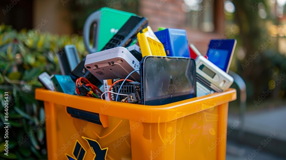Household electronic items in a recycling bin, illustrating the proper ...