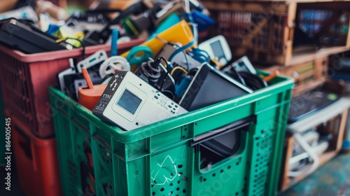 Household electronic items in a recycling bin, illustrating the proper disposal and recycling of hazardous e-waste to protect the environment
