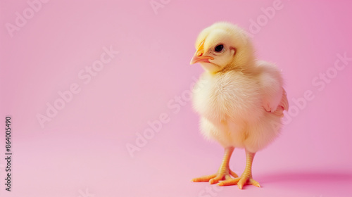 Cute baby chicken standing on pink background © Anastasiia Havelia