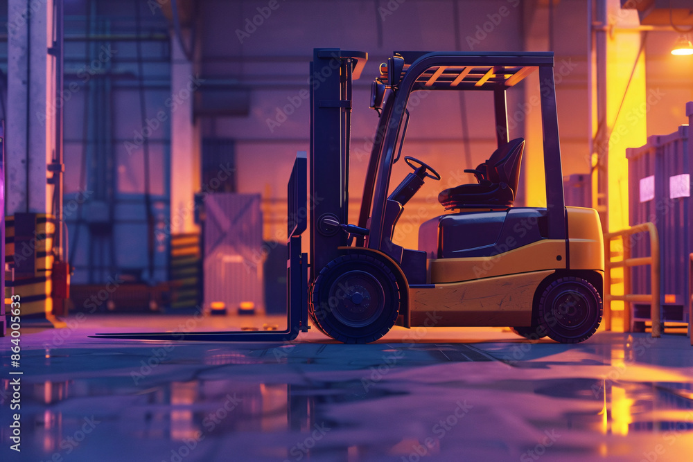 Forklift parked in a warehouse with reflective floor and vibrant lighting creating a modern industrial atmosphere Forklift parked in a warehouse with reflective floor and vibrant lighting creating a modern industrial atmosphere
