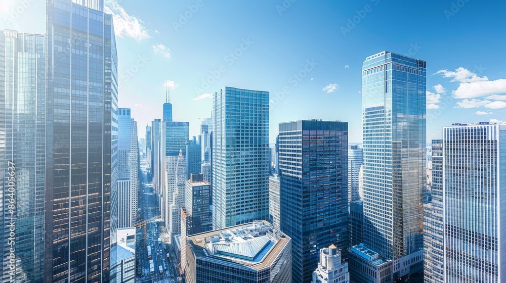 Obraz premium A high-angle panoramic view of a city skyline with tall office buildings and a blue sky