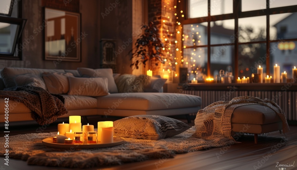 Cozy Living Room with Candles and Pillows, Warm Atmosphere Cozy Living Room with Candles and Pillows, Warm Atmosphere