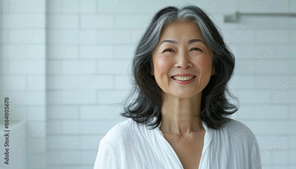 Beautiful Radiant 60-Year-Old Asian Woman, Exuding Elegance and Vitality with Wide Smile, Standing in White Blouse Against White Bathroom Background, Background with Copy Space Beautiful Radiant 60-Year-Old Asian Woman, Exuding Elegance and Vitality with Wide Smile, Standing in White Blouse Against White Bathroom Background, Background with Copy Space
