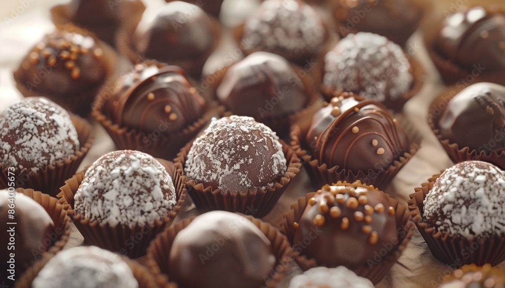 Sunlit Artisanal Chocolate Truffles Elegantly Displayed in Paper Liners, Organic Healthy Food Sunlit Artisanal Chocolate Truffles Elegantly Displayed in Paper Liners, Organic Healthy Food