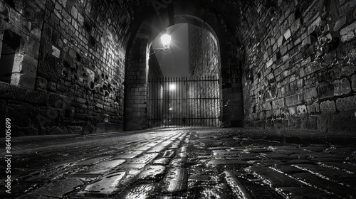Intricately designed ancient fortified tunnel, black and white, with towering gates and a mysterious, historical atmosphere