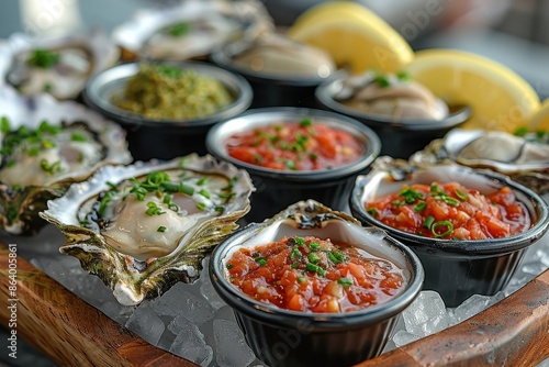 A platter of fresh oysters on the half shell, served with a variety of mignonette sauces and lemon wedges photo