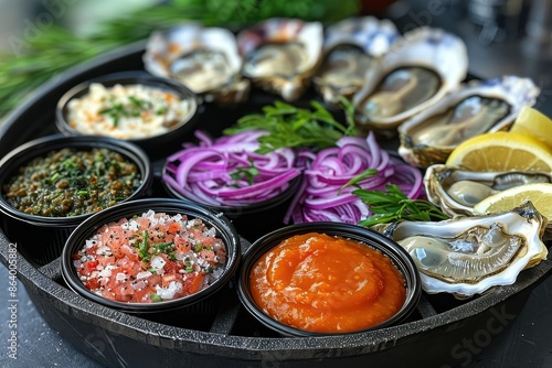 A platter of fresh oysters on the half shell, served with a variety of mignonette sauces and lemon wedges photo