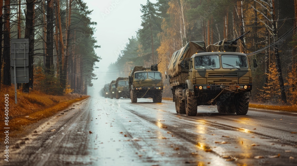 Obraz premium Military convoy on the road, carrying equipment through a forested area, focus on vehicle details and motion