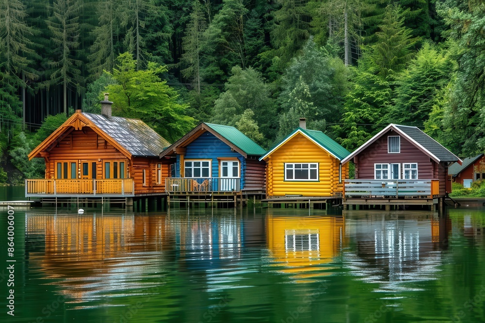 charming lakeside scene with colorful wooden cabins calm waters reflect vibrant hues lush greenery surrounds quaint dwellings serene atmosphere evokes peaceful retreat and rustic charm charming lakeside scene with colorful wooden cabins calm waters reflect vibrant hues lush greenery surrounds quaint dwellings serene atmosphere evokes peaceful retreat and rustic charm