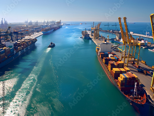 Cargo ships lined up at a bustling port, being loaded with containers and supplies for transport. photo