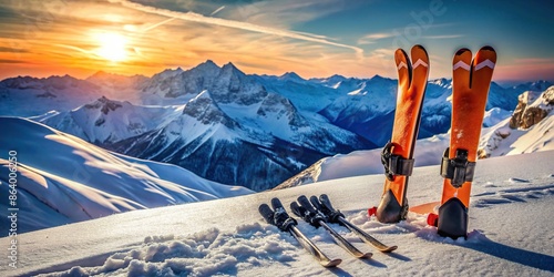 Orange skis and black gloves resting on snow-covered mountain with view of winter mountains in background, ski, snow photo