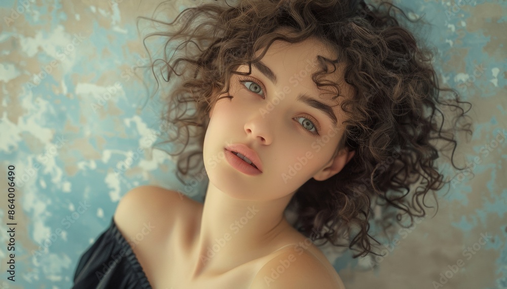 Portrait of Young Woman with Curly Hair, Wearing Off-Shoulder Top, Soft Focus Background Portrait of Young Woman with Curly Hair, Wearing Off-Shoulder Top, Soft Focus Background