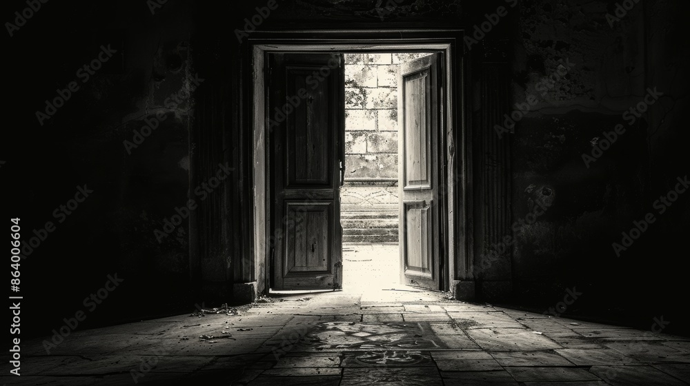 Open door on a black ground, black and white photo, emphasizing strong contrast and mysterious atmosphere Open door on a black ground, black and white photo, emphasizing strong contrast and mysterious atmosphere