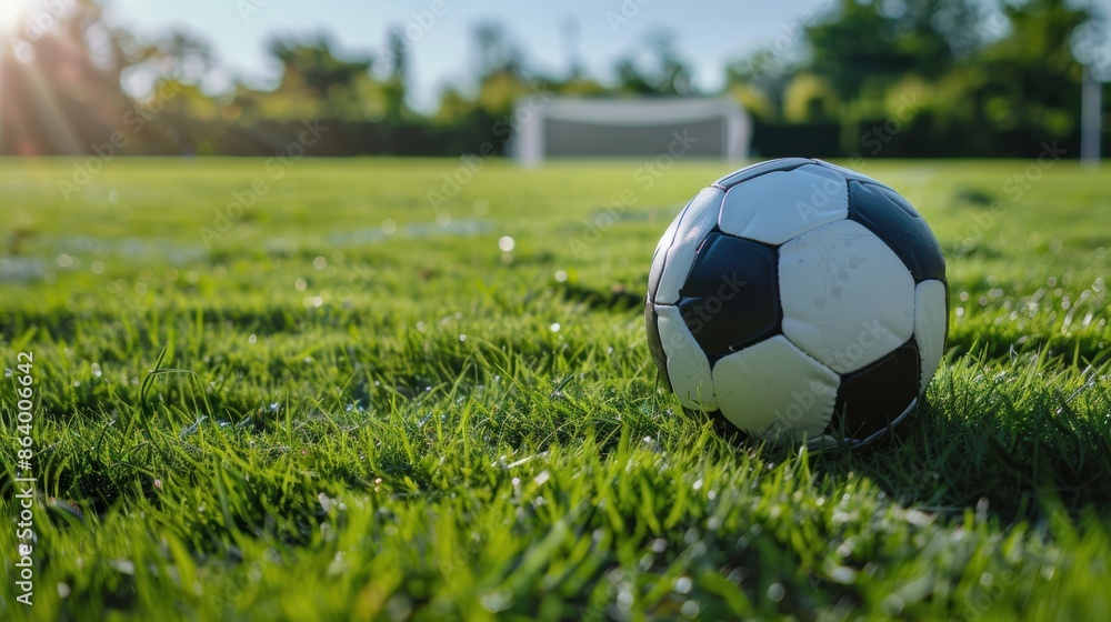 Fototapeta premium On lush grass, the soccer ball is in goal.