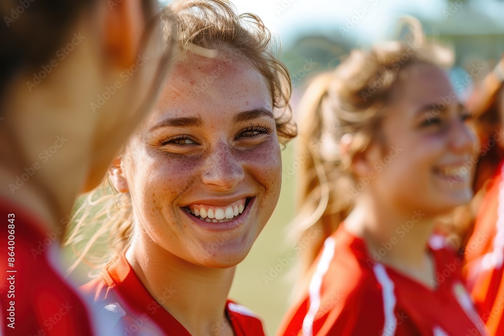 On a sunny day, attractive football players smile for the camera. On a sunny day, attractive football players smile for the camera.