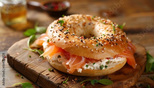 Delicious Bagel with Smoked Salmon and Cream Cheese on Rustic Wooden Board, Gourmet Snack