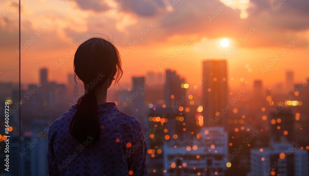 Young Woman Gazing at City Skyline During Golden Sunset Hours, Banner with Copy Space, Serene Moment Young Woman Gazing at City Skyline During Golden Sunset Hours, Banner with Copy Space, Serene Moment