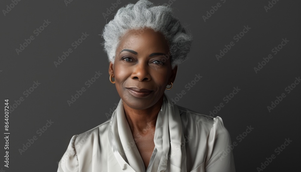 Radiant 60-Year-Old African-American Woman Exuding Elegance and Vitality Against Grey Background with Copy Space Radiant 60-Year-Old African-American Woman Exuding Elegance and Vitality Against Grey Background with Copy Space