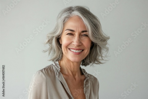 Beautiful Senior Woman with Silver Hair Smiling at Camera, Professional Portrait Photography © PhotoPhantom