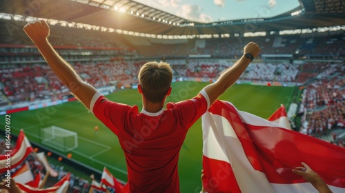 Football fan from Poland at the stadium. watching their team play on the soccer field. photo