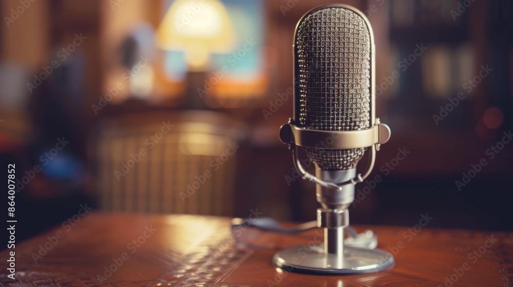 An elegant, retro-style microphone rests on a polished wooden desk, capturing the essence of a vintage recording studio An elegant, retro-style microphone rests on a polished wooden desk, capturing the essence of a vintage recording studio