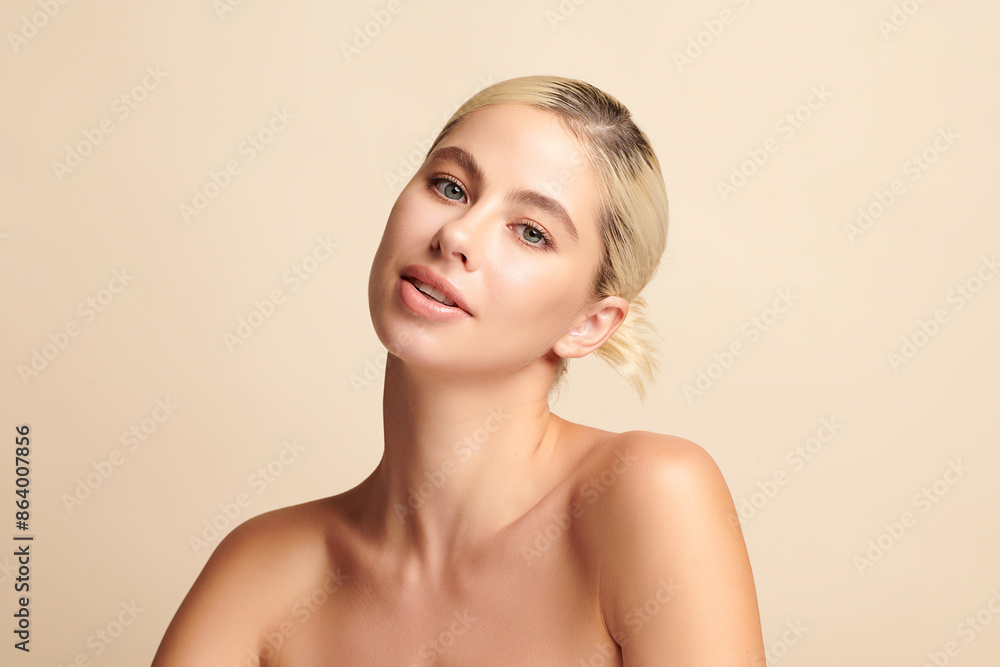 Beautiful young woman with clean fresh skin on beige background, Face care, Facial treatment, Cosmetology, beauty and spa, women portrait. Beautiful young woman with clean fresh skin on beige background, Face care, Facial treatment, Cosmetology, beauty and spa, women portrait.