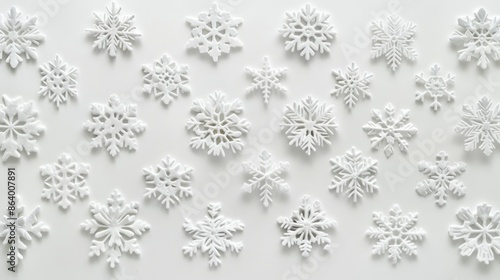 A close-up photo showcasing a collection of meticulously arranged white snowflakes against a plain white backdrop