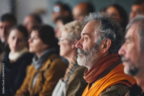 diverse group of people from various backgrounds gathered around a charismatic figure listening intently soft focus and warm lighting emphasize the sense of community and shared purpose © furyon