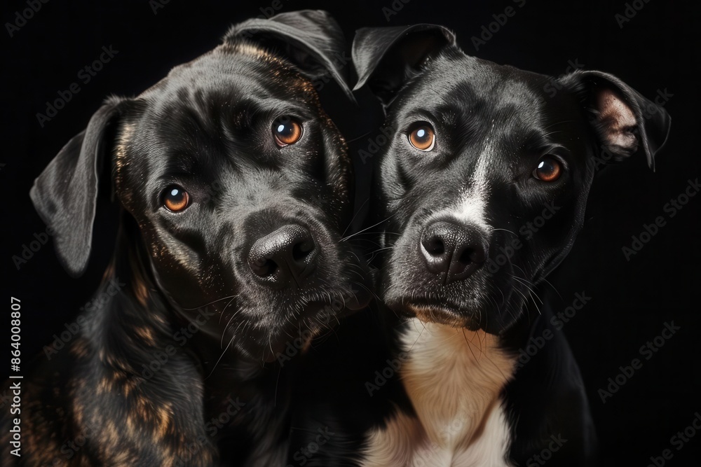 dramatic portrait of two dogs with contrasting fur colors intense gaze directed at camera dark background creating striking silhouettes emphasis on friendship and loyalty dramatic portrait of two dogs with contrasting fur colors intense gaze directed at camera dark background creating striking silhouettes emphasis on friendship and loyalty
