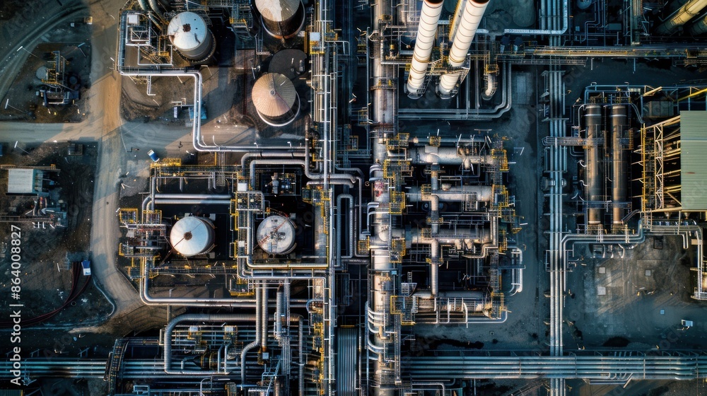 An aerial view of an oil refinery complex with pipes, tanks, and chimneys against a blank background, providing space for adding text or graphics related to the petroleum industry An aerial view of an oil refinery complex with pipes, tanks, and chimneys against a blank background, providing space for adding text or graphics related to the petroleum industry