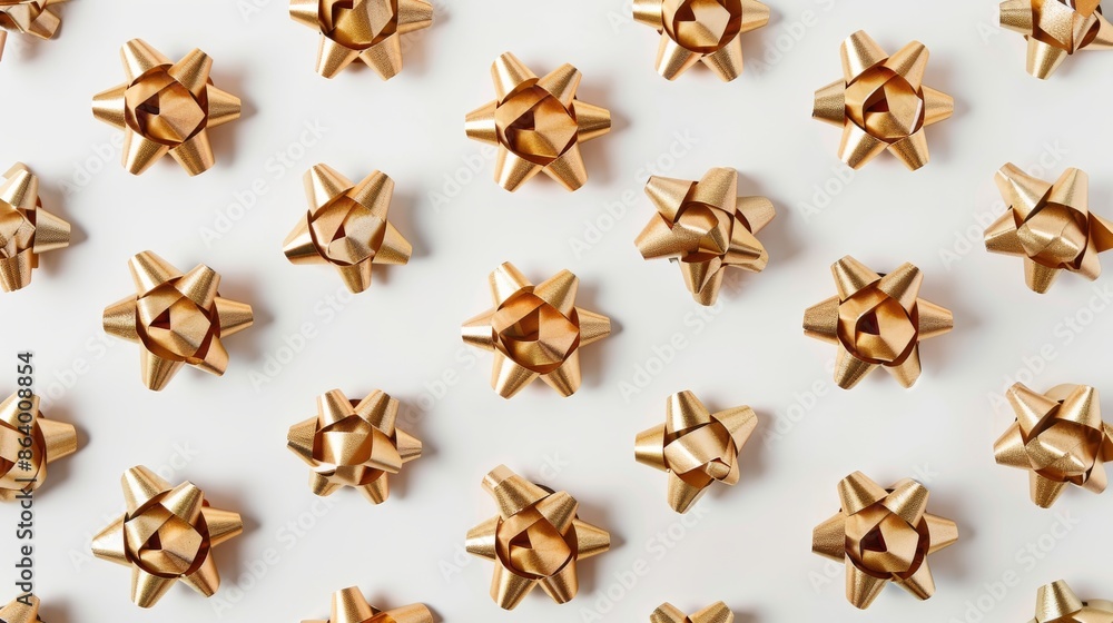 Overhead photo of golden gift bows on white background. Perspective highlights festive pattern Overhead photo of golden gift bows on white background. Perspective highlights festive pattern