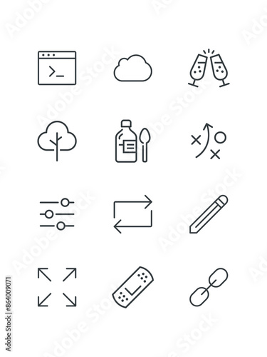 Badge, Brightness, Champagne, Cloud, File check, Goblet, set of icons, vector illustration