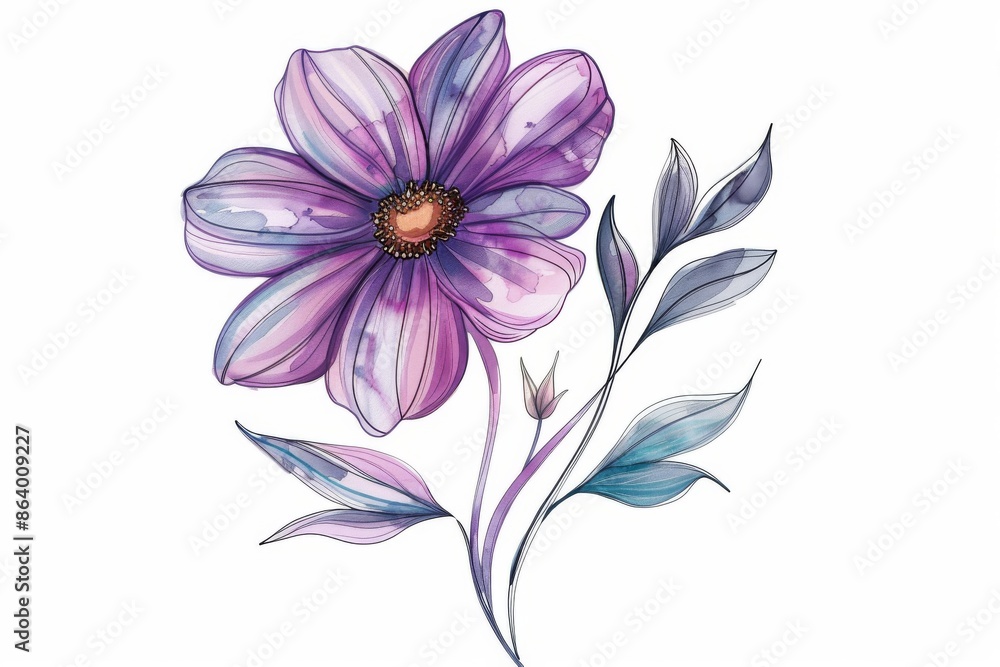 Obraz premium Watercolor illustration of a purple flower with green leaves, showcasing delicate petals and subtle shading on a white background.