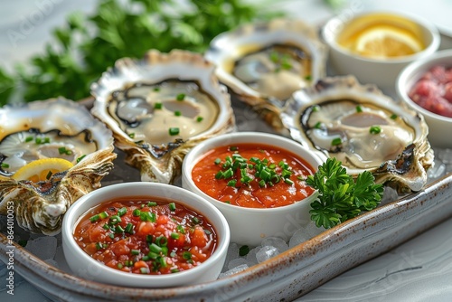 A platter of fresh oysters on the half shell, served with a variety of mignonette sauces and lemon wedges photo