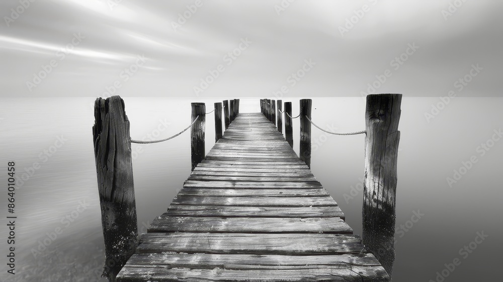 Obraz premium Peaceful ancient pier in black and white, with weathered wood and calm waters, creating a serene and timeless scene