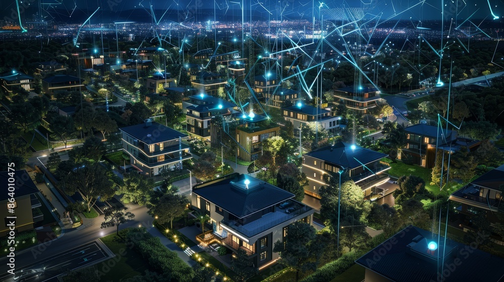 Overview of a digital community, showcasing smart homes with robust wireless communication networks and futuristic urban planning Overview of a digital community, showcasing smart homes with robust wireless communication networks and futuristic urban planning