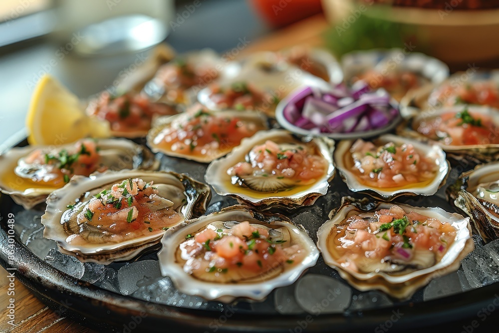 A platter of fresh oysters on the half shell, served with a variety of mignonette sauces and lemon wedges A platter of fresh oysters on the half shell, served with a variety of mignonette sauces and lemon wedges