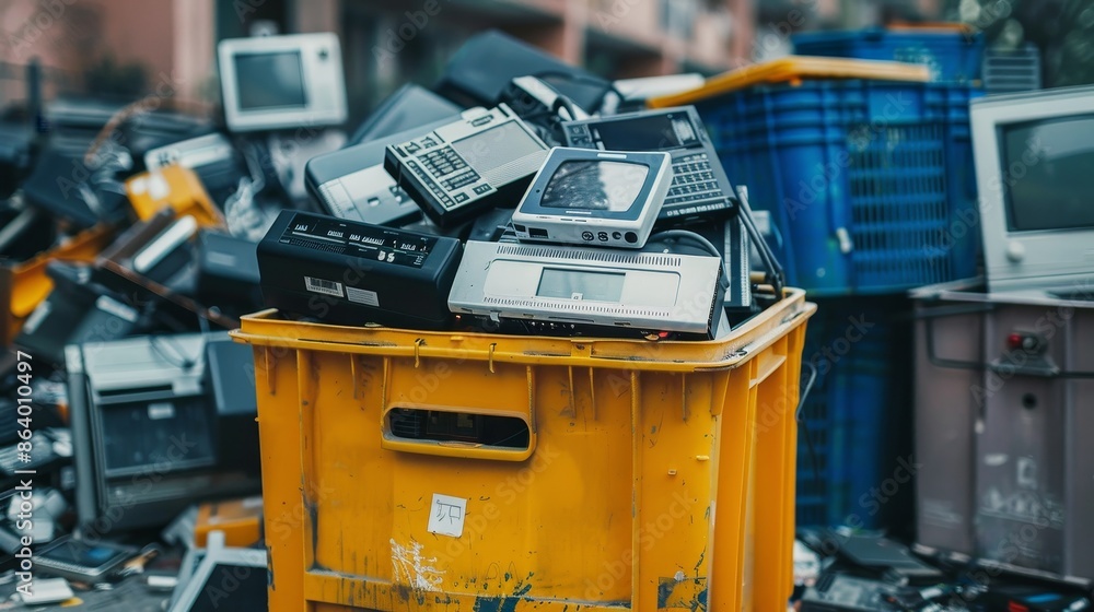 Pile of household electronics in a recycling bin, emphasizing the importance of recycling hazardous e-waste for environmental safety Pile of household electronics in a recycling bin, emphasizing the importance of recycling hazardous e-waste for environmental safety