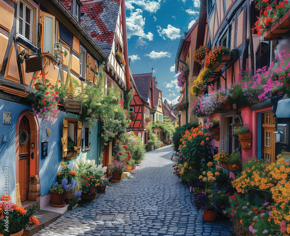 Fototapeta premium Baeutiful colorful houses with a cobbled street decorated with vibrant flowers.