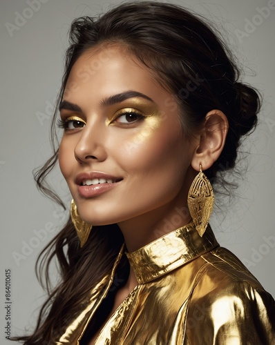 gold theme fashion hispanic pretty woman model influncer with clear smooth skin smiling on camera photo